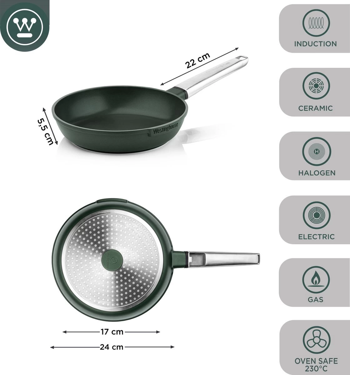 Westinghouse Pannenset - Performance Series Koekenpan 24cm + Koekenpan 28cm - Groen - Koekenpannenset 2-delig - Geschikt Voor Alle Warmtebronnen Inclusief Inductie 7 Westinghouse Pannenset - Performance Series Koekenpan 24cm + Koekenpan 28cm - Groen - Koekenpannenset 2-delig - Geschikt Voor Alle Warmtebronnen Inclusief Inductie - Afbeelding 7