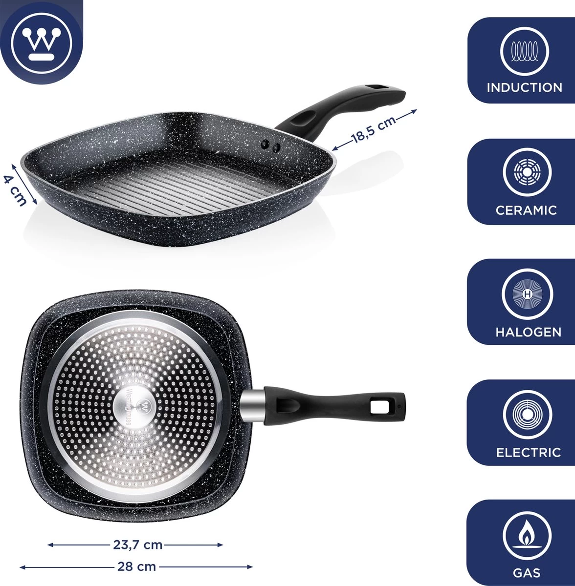 Westinghouse Grillpan - Ø 28 Cm - Zwart Marmer - Geschikt Voor Alle Warmtebronnen Inclusief Inductie - Steakpan Met Antiaanbaklaag- Aluminium 2 Westinghouse Grillpan - Ø 28 Cm - Zwart Marmer - Geschikt Voor Alle Warmtebronnen Inclusief Inductie - Steakpan Met Antiaanbaklaag- Aluminium - Afbeelding 2