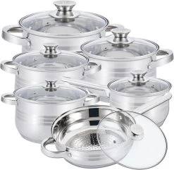 Herzberg Pannenset – 12-Delig – Voor Inductie En Gas – Vaatwasser Bestendig – RVS Met Glazen Deksels