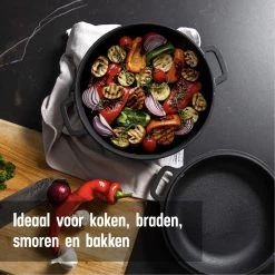 Daumonet Ducasse Gietijzeren Double Use Braadpan - Combi Sudderpan Zwart - 2-in-1 Bak- En Braadpan - PFAS & PFOA Vrij - Rond - Ø 26 Cm - 4,4 Liter - Emaille - Alle Warmtebronnen - Elektrisch - Gas - Halogeen - Inductie - Keramisch -Aanbiedingen Tefal Winkel 1200x1200 1036