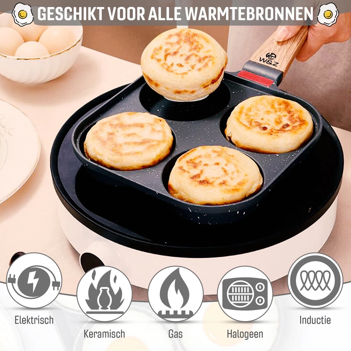 W&Z® Pannenkoekenpan Inductie - Pancake Pan - Omeletpan - Omeletmaker -Eierpan- Anti Aanbak - 4 Vakjes 6 W&Z® Pannenkoekenpan Inductie - Pancake Pan - Omeletpan - Omeletmaker -Eierpan- Anti Aanbak - 4 Vakjes - Afbeelding 6