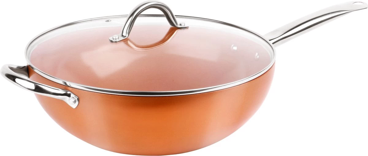 Swiss Pro+ - SP-WK28C - Aluminium Wokpan 28 Cm - Geschikt Voor Alle Warmtebronnen - Koper 1 Swiss Pro+ - SP-WK28C - Aluminium Wokpan 28 Cm - Geschikt Voor Alle Warmtebronnen - Koper