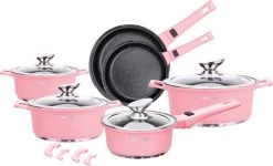 Swiss Pro+ | Set 14 Delige Pannenset | Inductie - Pannensets - Glazen Deksel - Met Afneembare Handgreep - Marmeren Interieur -PFAS-vrij | Pink