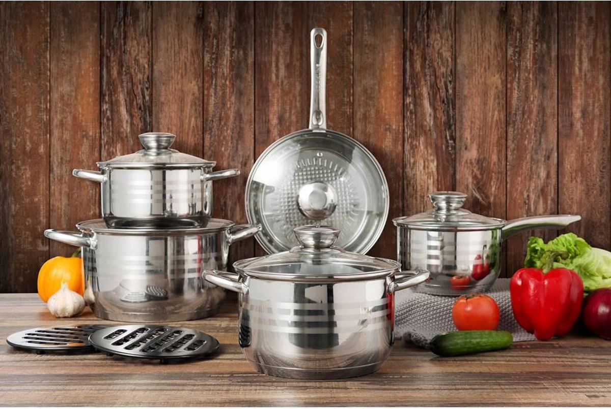 Swiss - Pannenset Inductie 12-delig - Glazen Deksel - RVS Pan / Steelpan / Koekenpan - PFAS-vrij 3 Swiss - Pannenset Inductie 12-delig - Glazen Deksel - RVS Pan / Steelpan / Koekenpan - PFAS-vrij - Afbeelding 3