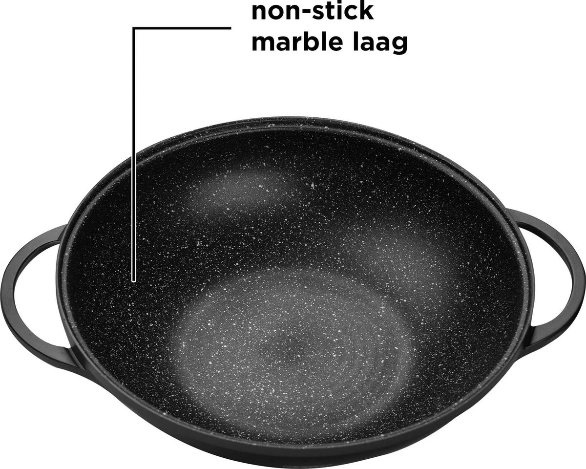 BIKO - Wokpan Ø 36 Cm - Marmeren Coating - Glazen Deksel - Wadjan - Zwart 5 BIKO - Wokpan Ø 36 Cm - Marmeren Coating - Glazen Deksel - Wadjan - Zwart - Afbeelding 5