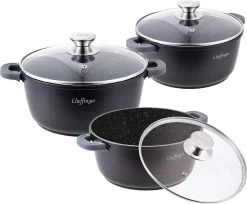 Cheffinger Pannenset 6-delig - Inductie - Met Deksels - Zwart - Koudgrepen - Ø20, 24 & 28 Cm
